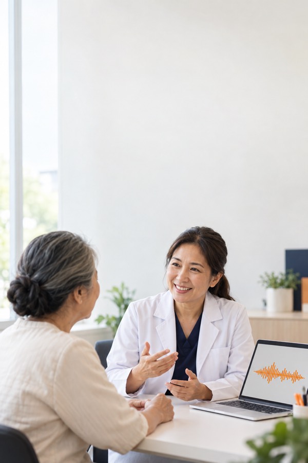 A doctor talking with an older patient while Scripta records the visit