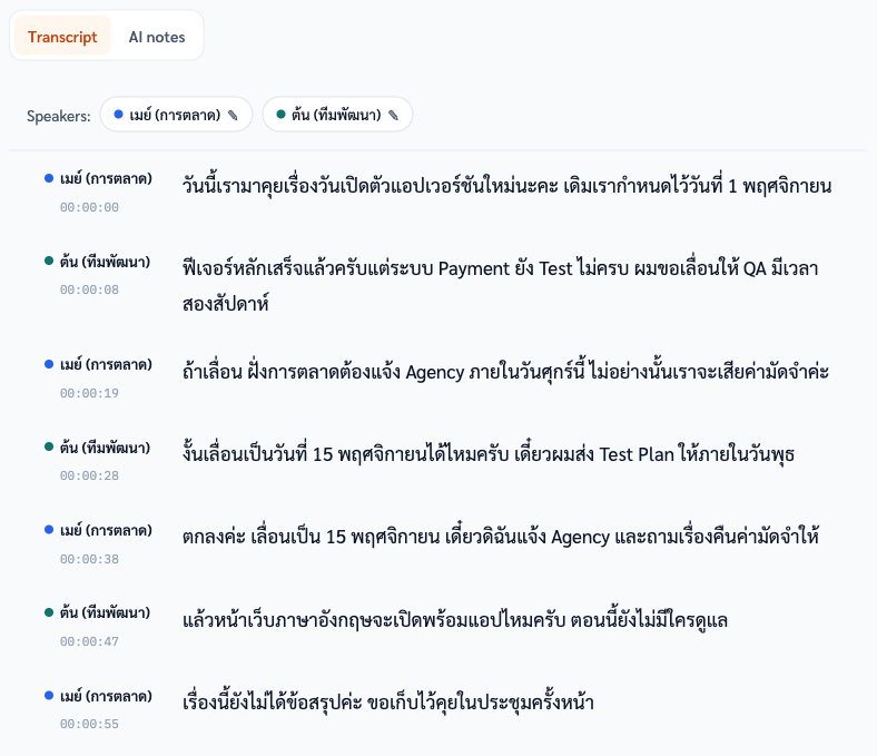 A real transcript of a fictional one-minute Thai team meeting, after renaming the two speakers once ("Speaker 1" to เมย์ (การตลาด), "Speaker 2" to ต้น (ทีมพัฒนา)). No text was edited. English words spoken inside Thai sentences (Payment, Test, QA, Agency) come out in Latin script.