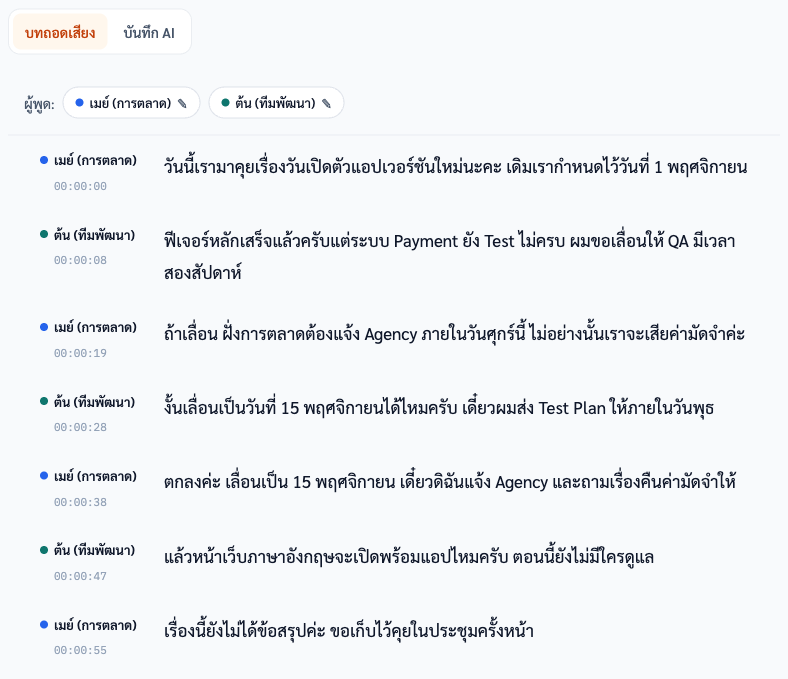 บทถอดเสียงจริงจากไฟล์ประชุมสมมติความยาว 1 นาที หลังเปลี่ยนชื่อผู้พูด 2 ครั้ง ("ผู้พูด 1" เป็น "เมย์ (การตลาด)" และ "ผู้พูด 2" เป็น "ต้น (ทีมพัฒนา)") ไม่ได้แก้ข้อความ